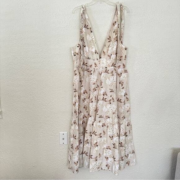House of Harlow Linen Deep V Tiered Floral Dress In Tan XL - Picture 1 of 6